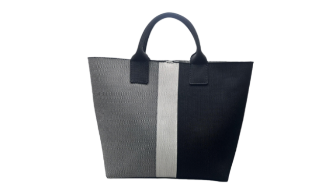 Grey and black color-blocked Flyknit tote bag styled for athleisure