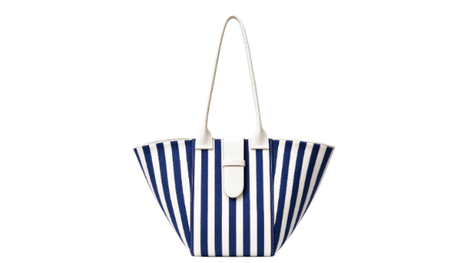 Navy and white striped Flyknit tote bag styled for resort wear with linen